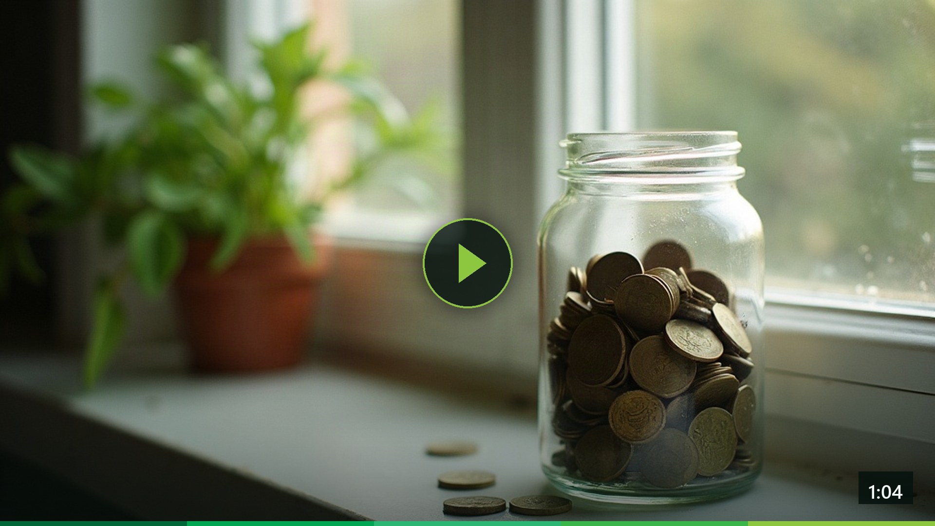 A glass jar of coins on a sunlit kitchen windowsill.