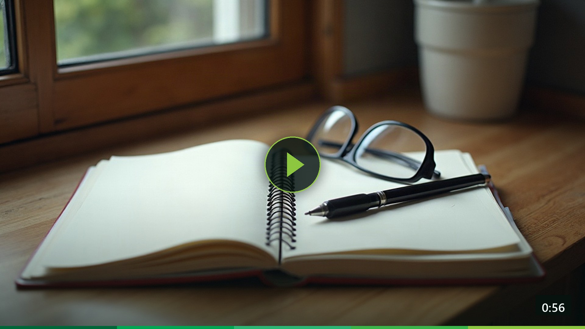 An open notebook, a pen and reading glasses on a kitchen bench.